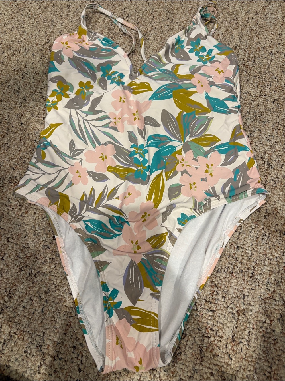 Floral Print One-Piece Swimsuit - Pink, Teal & Olive